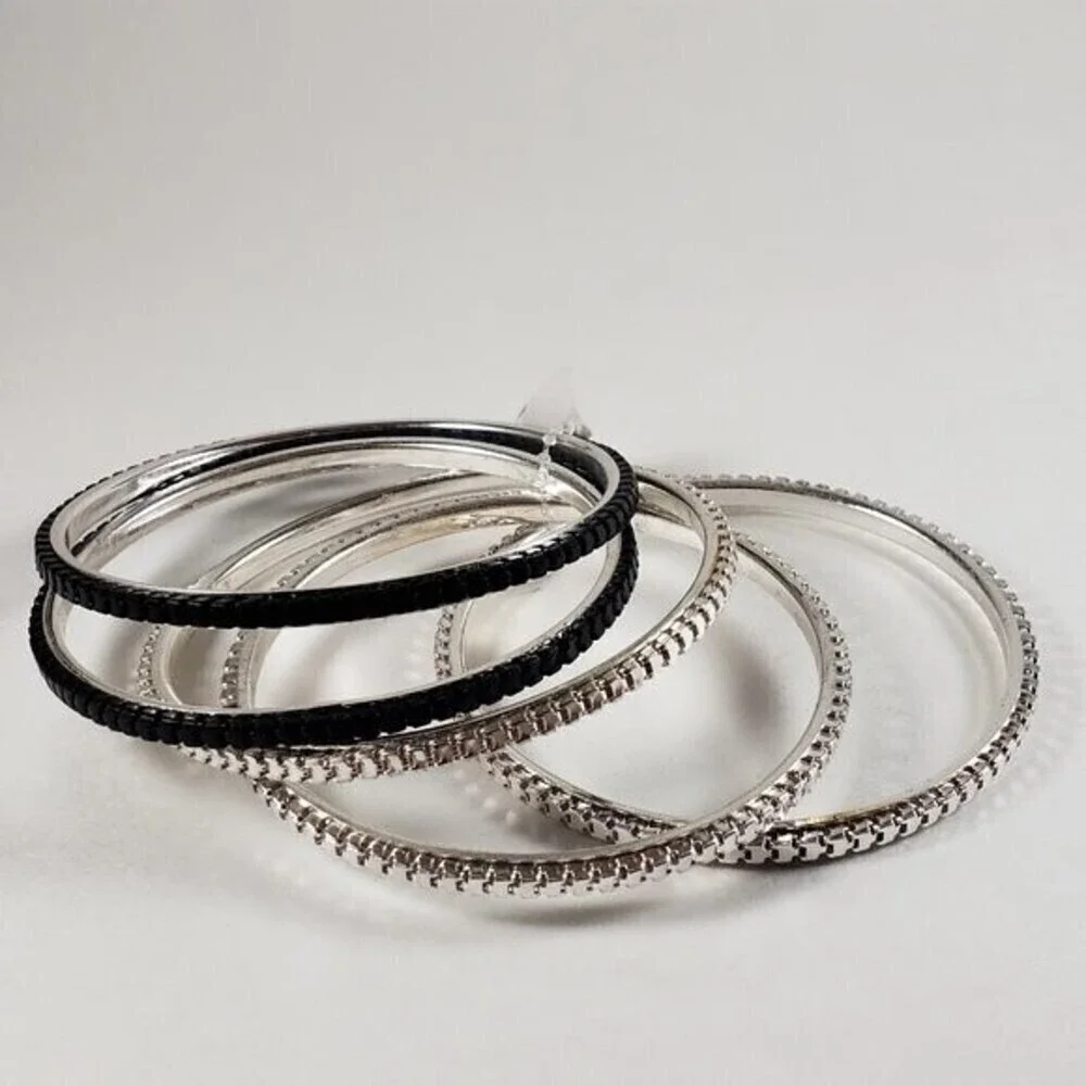 Set of 5 Silver-tone & Black Dainty Bangle Bracelets - Women's Fashion Jewelry